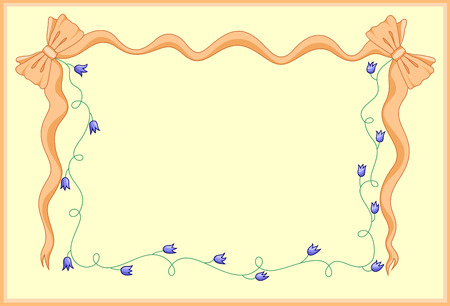 Vector rectangular decorative frame with orange bows and purple flowers on yellow backgroundのイラスト素材