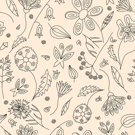 Floral seamless pattern with black contours of wild flowers leaves and butterflies on beige backgroundのイラスト素材