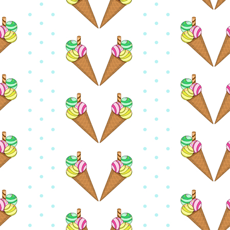 Vector seamless pattern with ice creams with sprinkles and waffle on white background with blue polka dotのイラスト素材