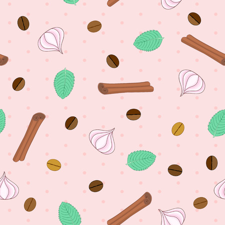 Vector seamless pattern with coffee beans, meringues, mint leaves and cinnamon sticks on pink background with polka dotのイラスト素材