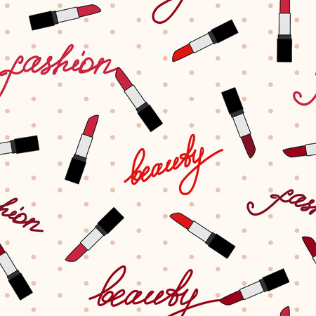  seamless pattern with red lipsticks and words fashion and beauty on beige background with polka dotのイラスト素材
