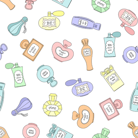 Vector seamless pattern with varicolored perfume bottles of different shapes on white backgroundのイラスト素材