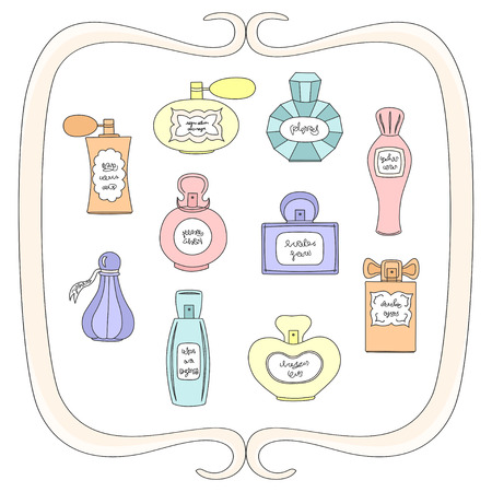 Vector illustration set of varicolored perfume bottles of different shapes in decorative frameのイラスト素材
