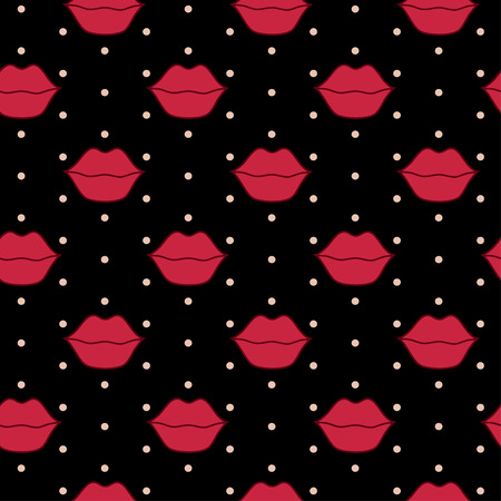 Vector seamless pattern with red lips on black background with polka dotのイラスト素材