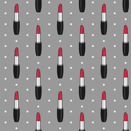 Vector seamless pattern with red lipsticks on gray background with polka dotのイラスト素材