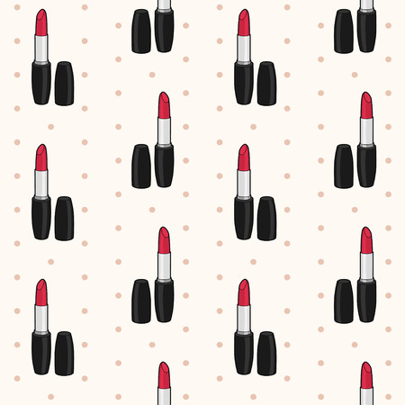 Vector seamless pattern with red lipsticks and caps on beige background with polka dotのイラスト素材