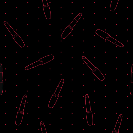 seamless pattern with red contour of lipsticks on black background with polka dotのイラスト素材