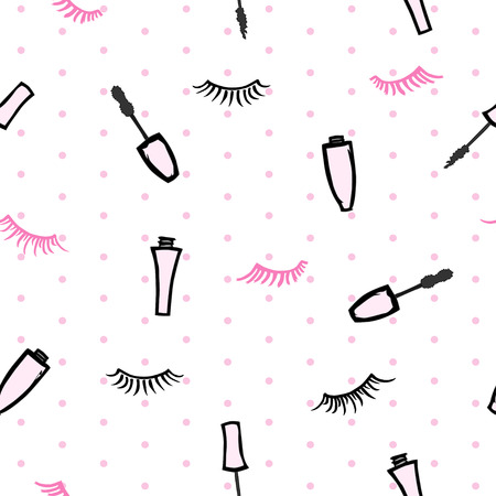 seamless pattern with mascaras and eyelashes on white background with polka dotのイラスト素材