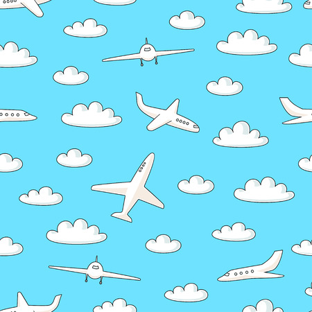 seamless pattern with planes and clouds on blue backgroundのイラスト素材