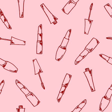 Vector seamless pattern with different freehand drawn lipsticks and mascara on pink backgroundのイラスト素材