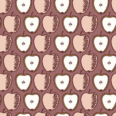 Vector seamless pattern with freehand drawn cartoon apples on brown backgroundのイラスト素材