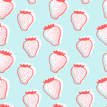 Vector seamless pattern with freehand drawn cartoon strawberries on blue backgroundのイラスト素材