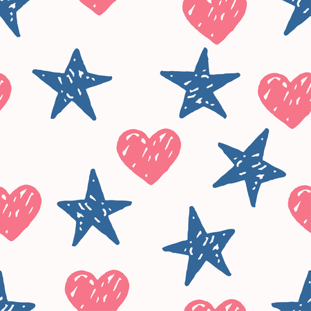 Vector seamless pattern with freehand drawn cartoon hearts and stars on white backgroundのイラスト素材