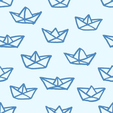 Vector seamless pattern with freehand drawn cartoon paper ships on blue backgroundのイラスト素材