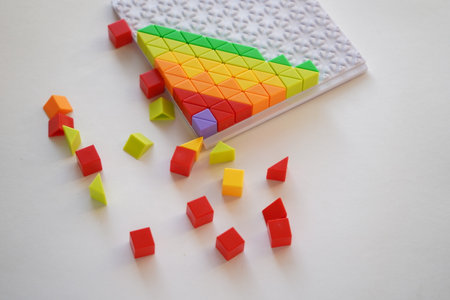 Colorful plastic toy blocks isolated on white background, top view.の写真素材