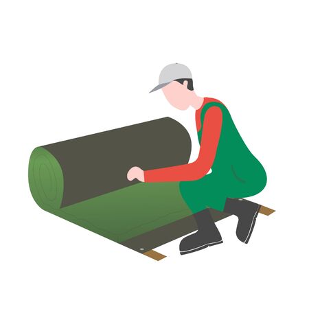 A man is laying artificial grass. vector illustrationのイラスト素材