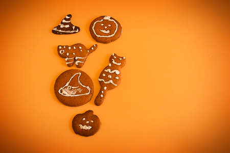 sweet gingerbread Halloween. Sweets on an orange background.の写真素材