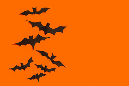 decoration concept for Halloween. Black paper bats fly upward on an orange background. template.
