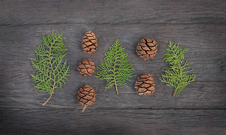 Christmas concept. flat lay fir branches, sequoia cones on wooden background