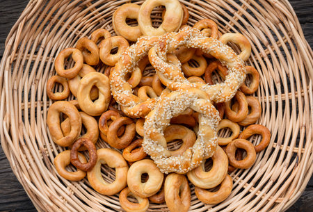 bagels in the basket. delicious freshly prepared baked goods.