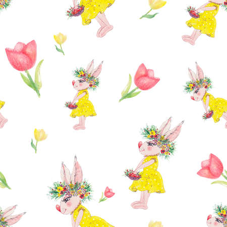 Easter seamless pattern with watercolor, Easter bunny, flowers on a white background.の写真素材
