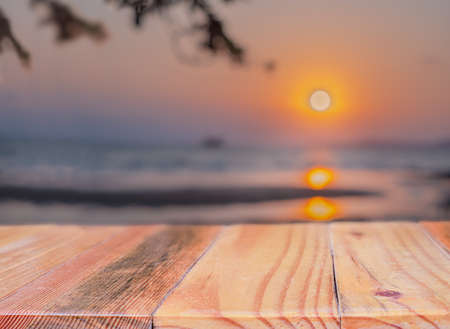 Wooden surface at sea sunset. Natural backgroundの写真素材