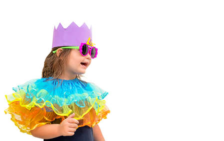 Child in princess costume and glasses isolated on white background