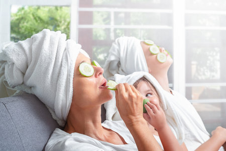The women with his daughter and granddaughter make face masks from cucumbers indoorsの写真素材