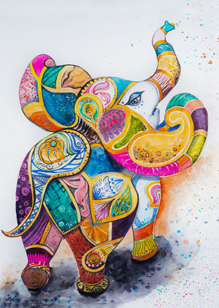 Drawing of a festive elephant multicolored watercolorの写真素材