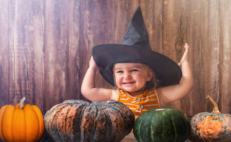 Halloween baby with pumpkins in witch hat on wooden backgroundの写真素材
