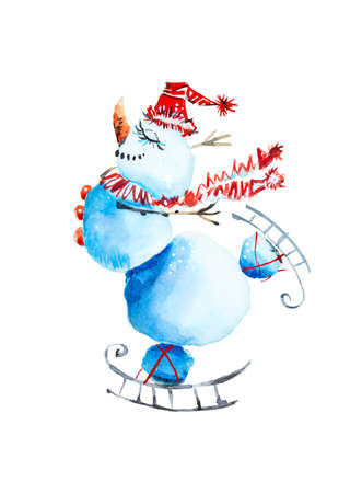 Illustration of a happy snowman ice skating isolated on white backgroundの写真素材