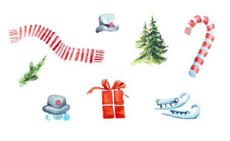 Watercolor christmas collection isolated on white backgroundの写真素材