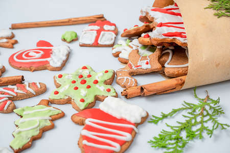 Christmas gingerbread cookies in a bag on a white surface