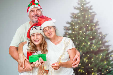 Portrait of a happy family near a christmas tree. Senior hug a childの写真素材