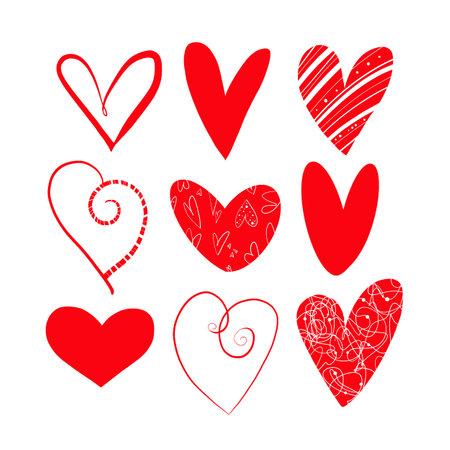 Collection of red hearts isolated on white backgroundの写真素材