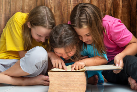 Children girls show and look at the big book togetherの写真素材