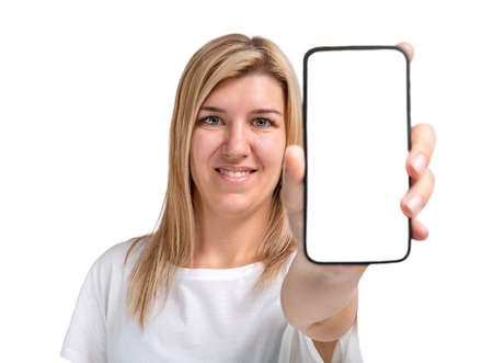 Young woman showing phone screen isolated on white background