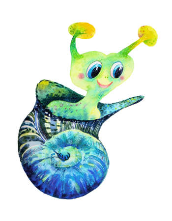 Cute snail in a shell watercolor isolated on white backgroundの写真素材