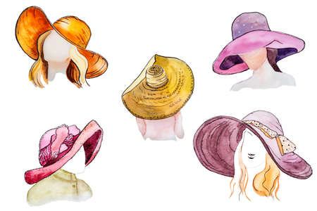 Collection of women's leisure hats isolated on white backgroundの写真素材