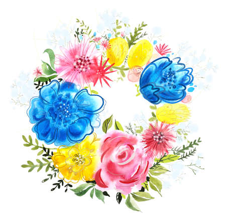 Summer flower wreath illustration isolated on white backgroundの写真素材