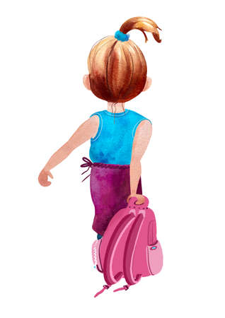 Girl with school backpack goes to school isolated on white background illustration watercolorの写真素材