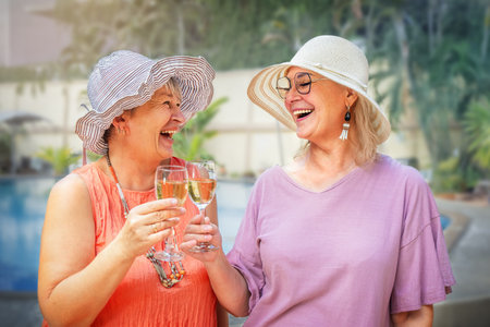Senior women drinking wine near the pool on vacation outdoors