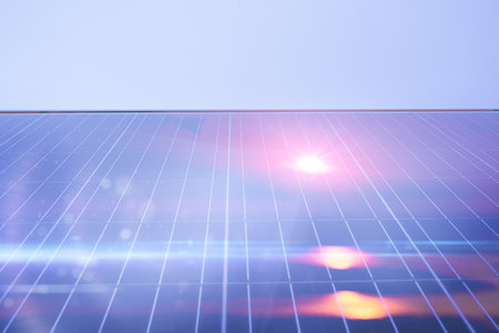 Sunset reflection in solar panels with blursの写真素材