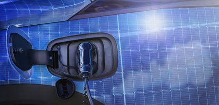 EV charging charges an electric car reflection of a solar panel with the sunの写真素材