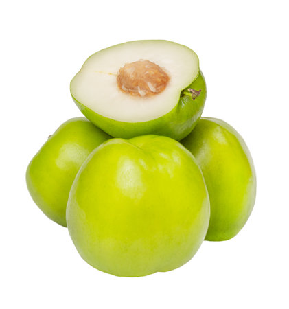 Jojoba half on a pile of fruits isolated on white backgroundの写真素材