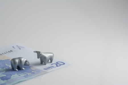 The photo shows the twenty euros and metal figures of bull and bear の写真素材