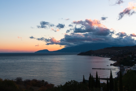The photo shows the sunset in Alushta.の写真素材