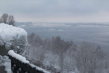 The photo shows the Volga River embankment in winter in the snow in Nizhny Novgorod.の写真素材