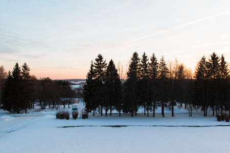 The photo shows a sunset in the park on a winter evening.の写真素材