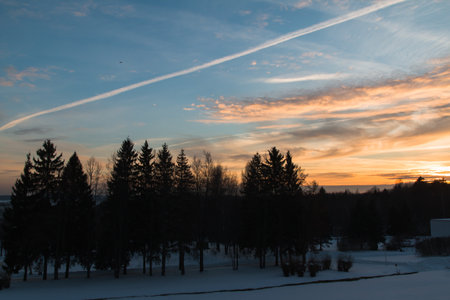 The photo shows a sunset in the park on a winter evening.の写真素材